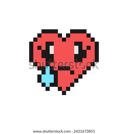 Sad but relieved face vector illustration. Pixel style emoji with tear, eyebrow sweat. Text message smile. Vintage 90s style heart shaped emoticon. Pixelated retro game 8 bit flat design with outline.