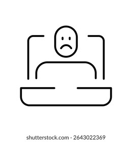 Sad remote worker icon Editable thin line outline of person in video conference feeling stressed tired or emotionally drained during online meeting