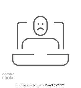 Sad remote worker icon Editable thin line outline of person in video conference feeling stressed tired or emotionally drained during online meeting
