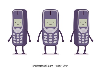 Sad retro cell phone from different positions with legs and hands isolated against white background. Cartoon vector flat-style illustration