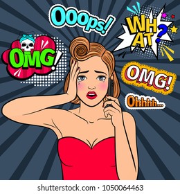 Sad retro girl. Vintage crying popart woman with omg and ooops comic signs vector illustration