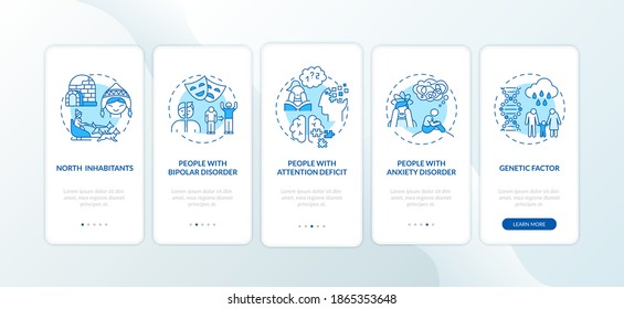 SAD risk groups onboarding mobile app page screen with concepts. Arctic inhabitants, people with ADHD walkthrough 5 steps graphic instructions. UI vector template with RGB color illustrations