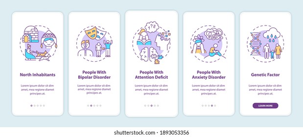 SAD risk groups onboarding mobile app page screen with concepts. North inhabitants, attention deficit walkthrough 5 steps graphic instructions. UI vector template with RGB color illustrations