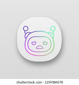 Sad robot emoji app icon. Upset chatbot smiley. UI/UX user interface. Chat bot emoticon. Virtual assistant. Artificial intelligence. Web or mobile application. Vector isolated illustration