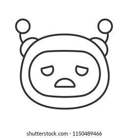 Sad robot emoji linear icon. Upset chatbot smiley. Thin line illustration. Chat bot emoticon. Artificial conversational entity. Virtual assistant. Contour symbol. Vector isolated outline drawing