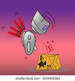 Sad robot looks at a broken parcel