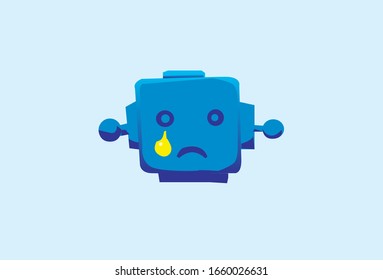 Sad robot with tears on blue background