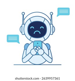 Sad Robot Using Smartphone, Receiving Negative Feedback or Messages