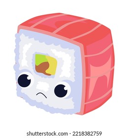 Sad roll with fish. Salmon roll with sad face. Cartoon vector illustration isolated on white background. Japanese food concept.