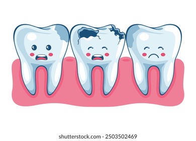 Sad rotten and decayed teeth cartoon character. Prevention and treatment of tooth and gum diseases. Dental hygiene and oral care. Tooth decay prevention. Health and medicine concept