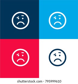 Sad rounded square emoticon four color material and minimal icon logo set in red and blue