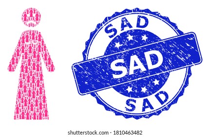 Sad rubber round stamp seal and vector recursive composition sad woman. Blue stamp seal has Sad tag inside round shape. Vector collage is formed from scattered sad woman icons.