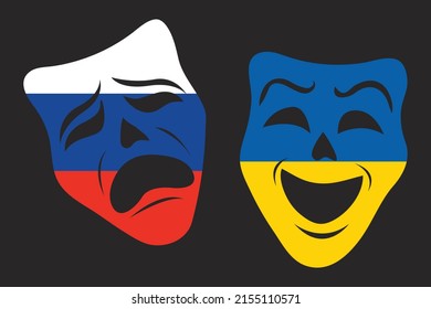 Sad Russian mask, happy Ukrainian mask vector illustration