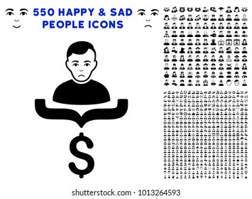 Sad Sales Funnel Client pictograph with 550 bonus pitiful and glad jobs pictures. Vector illustration style is flat black iconic symbols.