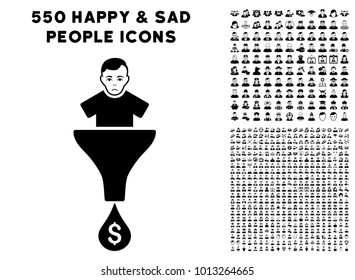 Sad Sales Funnel Customer pictograph with 550 bonus pity and glad user clip art. Vector illustration style is flat black iconic symbols.