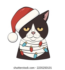 Sad Santa cat portrait for greeting card and T-shirt design. Funny vector illustration