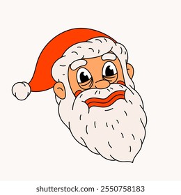 Sad Santa Claus. Groovy vintage funny Santa character upset Ideal for Christmas and New Year sticker designs and decorations, vector illustration