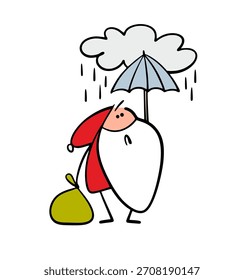Un Papá Noel triste mira a una nube y se cubre con un paraguas de la lluvia. Ilustración vectorial de Clima cálido para el Nuevo año o Navidades.
