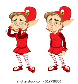 Sad Santa's helper crying, isolated on white background. Vector illustration.
