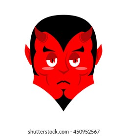 Sad Satan. Sorrowful red devil. Pessimistic demon. Pitiful face. Mournful miserable Lucifer with horns. Religious and mythological character, supreme spirit of evil. Diablo Lord of Hell