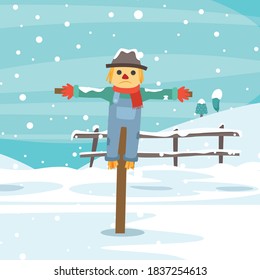 Sad scarecrow character in the middle of winter alone. Vector flat cartoon isolated illustration