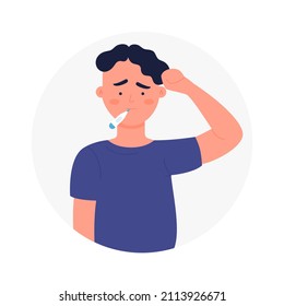 Triste niño asustado que sufre de fiebre alta. Enfermedad de la salud proporcionada por el virus de la gripe estacional ilustración vectorial plana