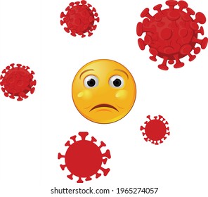 Sad or scared emoji surrounded by coronavirus vector icon