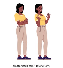 Sad and scared woman flat vector illustration. Angry african american girl with crossed arms and defencive gesture palms isolated cartoon characters with outline elements on white background