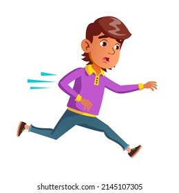 Sad School Boy Running And Late On Bus Vector. Frustrated Schoolboy Running Fast And Hurry To Lesson. Scary Hispanic Character Guy Child Run Away And Chasing Flat Cartoon Illustration