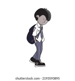 sad school boy in uniform walking 