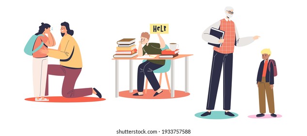 Sad school children set: crying schoolgirl, tired pupil and teacher screaming at schoolboy. Problems, bullying and depression in school concept. Cartoon flat vector illustration