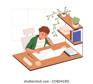 Un niño de la escuela triste que estudia, sentado en una laptop en casa. Aprendizaje infantil aburrido en línea. Estudiante de chico cansado, problemas con los deberes. Ilustración vectorial gráfica plana aislada en fondo blanco