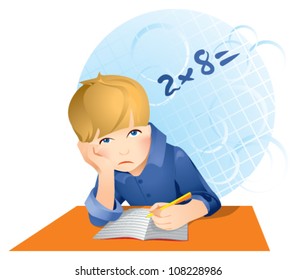 Sad schoolboy doing homework isolated