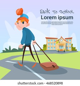 Sad Schoolboy Go Back To School Education Banner Flat Vector Illustration