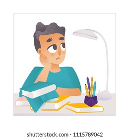 Sad schoolboy sitting at desk with piles of textbooks with thoughtful facial expression. Teen male character studying in school, back to school concept. Young man student at table. Vector illustration