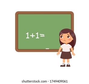 Sad schoolgirl is standing in front of a blackboard. Kid cannot solve the example. Child has not completed homework and does not know the answer. Cute cartoon character,  flat vector illustration.