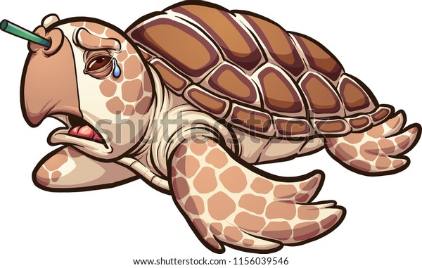 Sad Sea Turtle Crying Plastic Straw Stock Vector Royalty Free