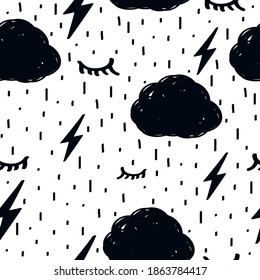 Patrón triste y transparente con pestañas de doodle nubes relámpago y caídas de lluvia
