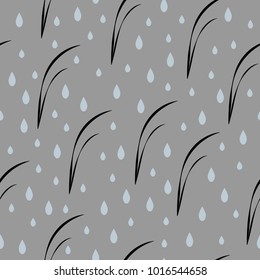 Sad seamless vector pattern swatch with raindrops or teardrops and black grass on a grey background
