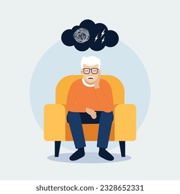 Sad senior man sitting on a sofa.Vector Illustration character of unhappy or sadly.