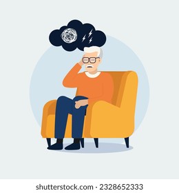 Sad senior man sitting on a sofa.Vector Illustration character of unhappy or sadly.