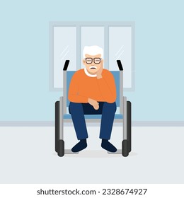  Triste anciano sentado en una silla de ruedas. Ilustración vectorial de infeliz o tristemente.