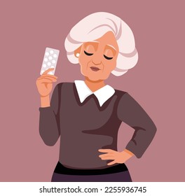 
Sad Senior Woman Holding her Treatment Vector Illustration. Unhappy elderly person taking antidepressant medicine treatment against anxiety
