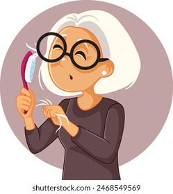 
Sad Senior Woman Losing Her Hair when Combing Vector Illustration. Unhappy old lady having problems with hair thinking after menopause 
