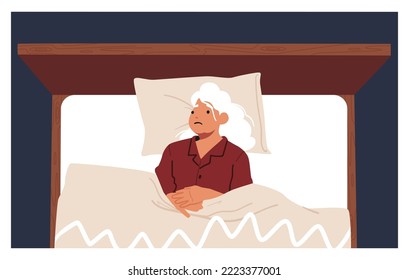 Sad Senior Woman Lying in Bed Top View. Aged Female Character Cant Sleep due to Snore or Bad Thoughts in Mind. Concept of Insomnia, Senility, Loneliness Problems. Cartoon People Vector Illustration