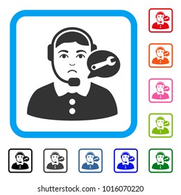 Sad Service Center Woman vector pictograph. Human face has mourning sentiment. Black, grey, green, blue, red, pink color variants of service center woman symbol inside a rounded frame.