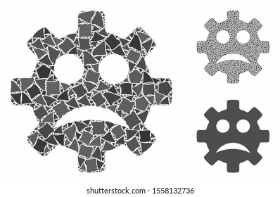 Sad service gear smiley mosaic of irregular pieces in various sizes and color tones, based on sad service gear smiley icon. Vector inequal pieces are organized into collage.