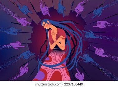 Sad shame woman. Unhappy victim people. Blame fingers. Depressed female. Quilt ashamed person. Discrimination and bullying. Pointing hands. Society violence. Vector exact illustration