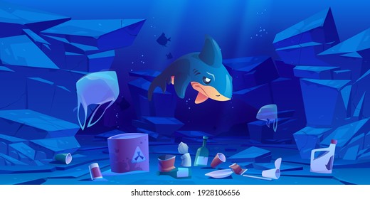 Sad shark, floating plastic bags and garbage underwater in sea or ocean. Ocean pollution by trash, global littering. Vector cartoon landscape of seabed with bottles, cups and barrel with toxic waste