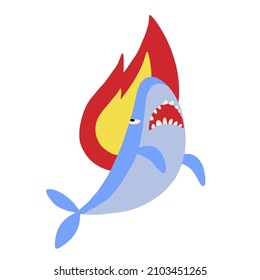 Sad shark on fire, stress concept, isolated on white background. Flat cartoon vector illustration, hand drawn style.